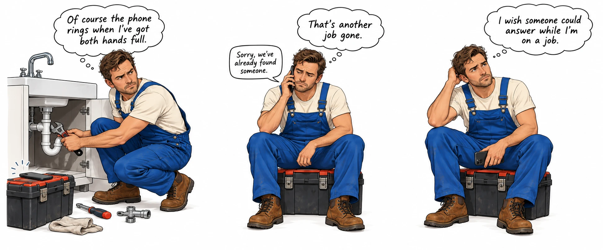 A plumber under a sink can't answer his ringing phone and loses the job